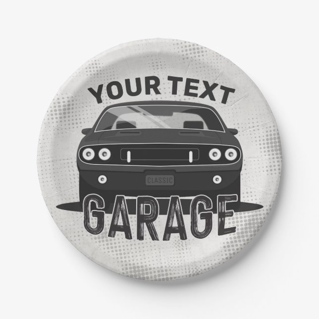 Personalised NAME Classic Muscle Car Garage Retro Paper Plate (Front)