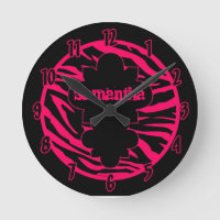 Personalised Name Clock Hot Pink Black Zebra Print