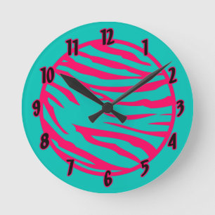 Personalised Name Clock Hot Pink Teal Zebra Print