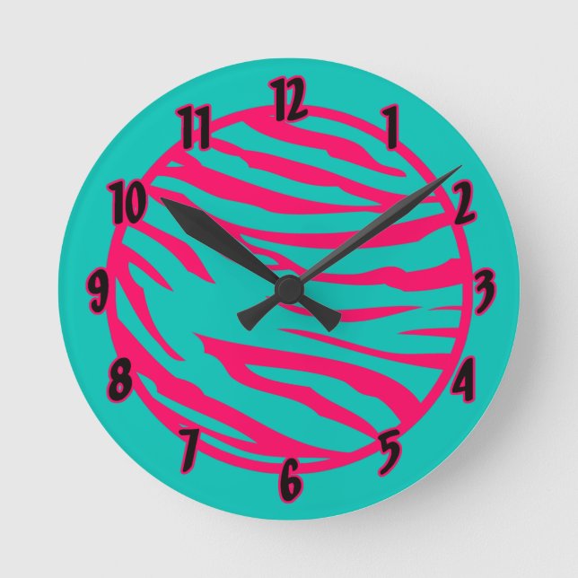 Personalised Name Clock Hot Pink Teal Zebra Print (Front)