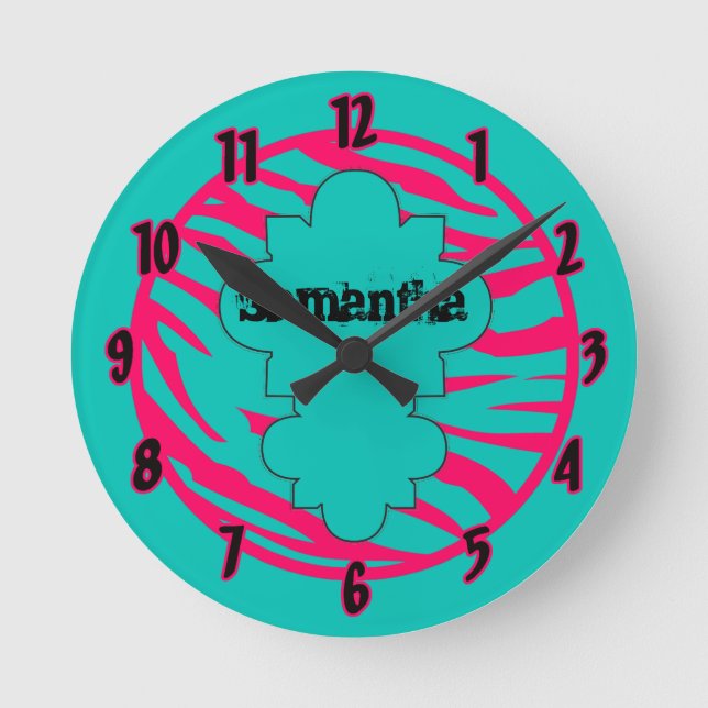 Personalised Name Clock Hot Pink Teal Zebra Print (Front)
