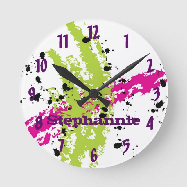 Personalised Name Clock Pink Lime Green Paint (Front)