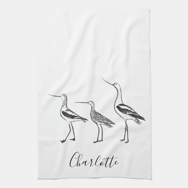 Personalised Name Coastal Shorebirds White Bird Tea Towel (Vertical)