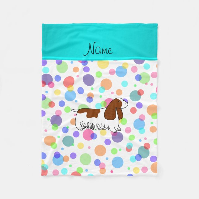 Personalised name cocker spaniel rainbow polka dot fleece blanket (Front)