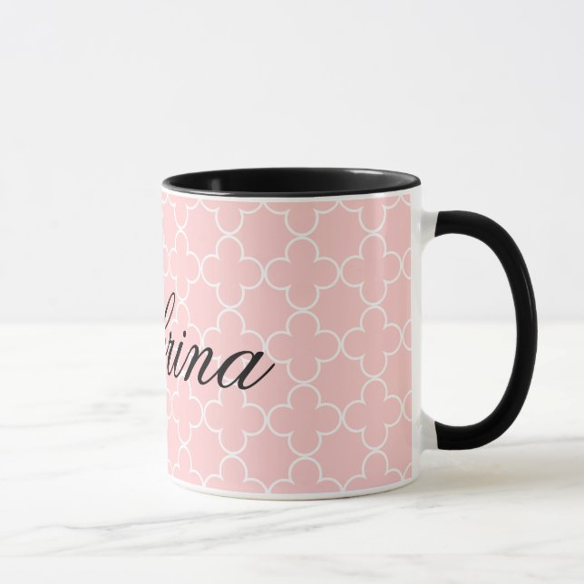 Personalised name coffee mug | Pink quatrefoil (Right)