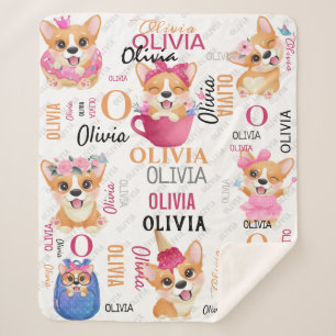 Personalised Name Collage Corgi Dog Pattern Sherpa Blanket