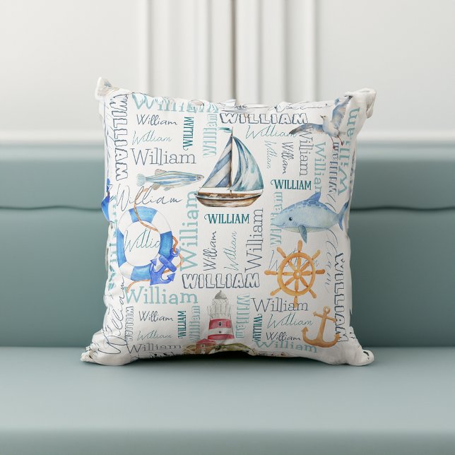 Personalised name collage nautical boy gifts cushion (Personalized name collage nautical boy gifts throw pillow gifts for boys nursery gifts nursery decor)
