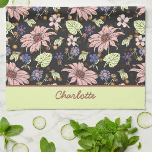 Personalised name colourful floral seamless patter tea towel