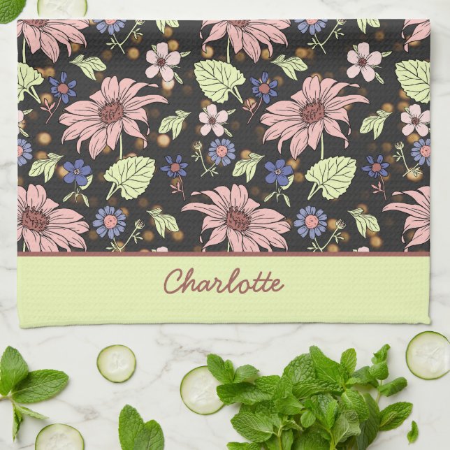 Personalised name colourful floral seamless patter tea towel (Folded)