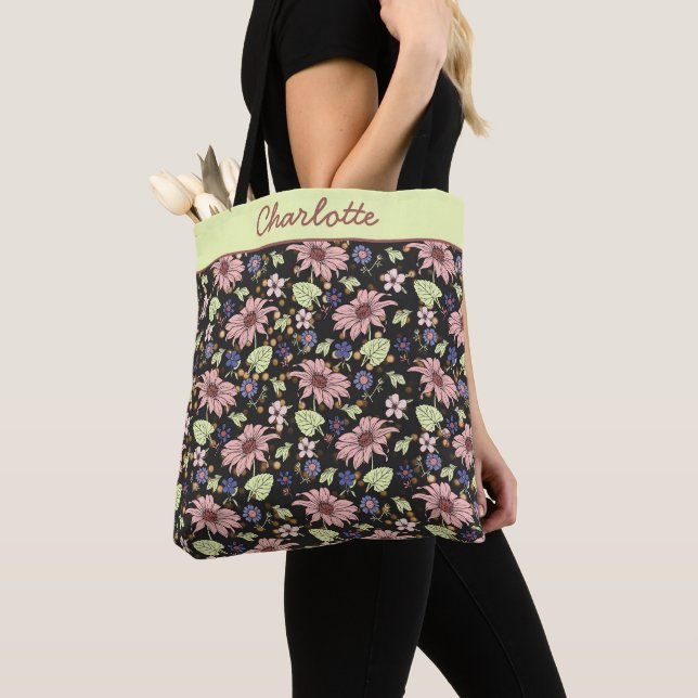Personalised name colourful floral seamless patter tote bag (Close Up)