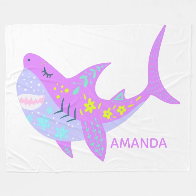 Personalised Name Colourful Kawaii Shark Purple Fleece Blanket (Front (Horizontal))