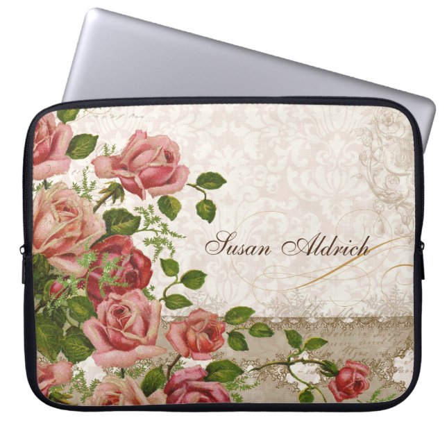 Personalised Name Computer, Trellis Rose Vintage Laptop Sleeve (Front)