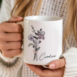 Personalised Name Coquette Birth Flower February  Coffee Mug<br><div class="desc">his beautiful custom mug features the February birth flower, the iris, making it the perfect gift for a bridesmaid, mum, or grandma. With a delicate hand-drawn bouquet design, this personalised mug adds a touch of elegance to any morning coffee or tea routine. You can customise it with the recipient's name,...</div>