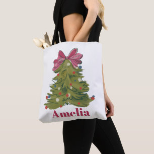 Personalised Name Coquette Christmas Tree Girly Tote Bag