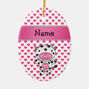 Personalised name cow pink hearts polka dots ceramic tree decoration