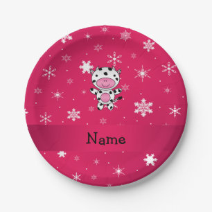 Personalised name cow pink snowflakes paper plate