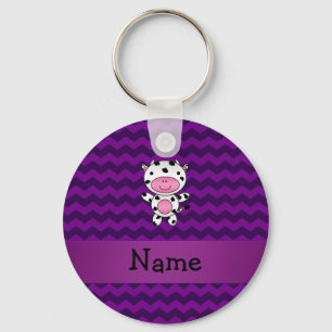 Personalised name cow purple chevrons key ring