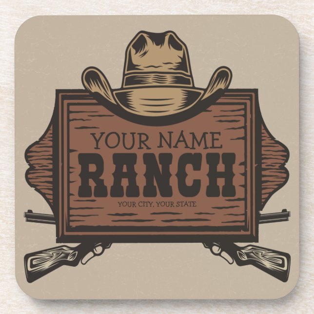 Personalised NAME Cowboy Guns Western Ranch Sign Coaster (Front)