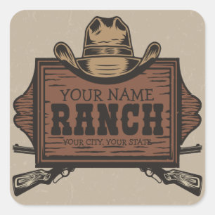 Personalised NAME Cowboy Guns Western Ranch Sign Square Sticker