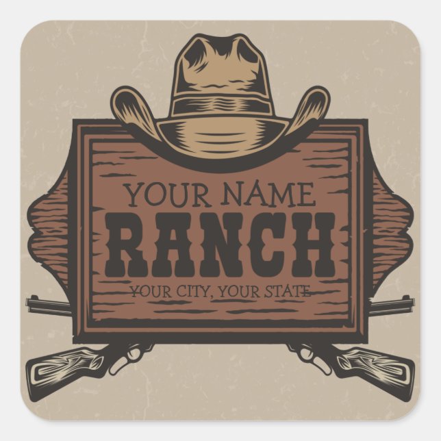 Personalised NAME Cowboy Guns Western Ranch Sign Square Sticker (Front)