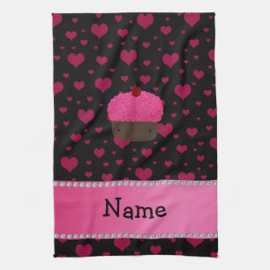 Personalised name cupcake pink hearts on black tea towel