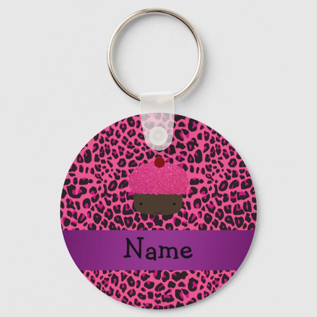 Personalised name cupcake pink leopard print key ring (Front)