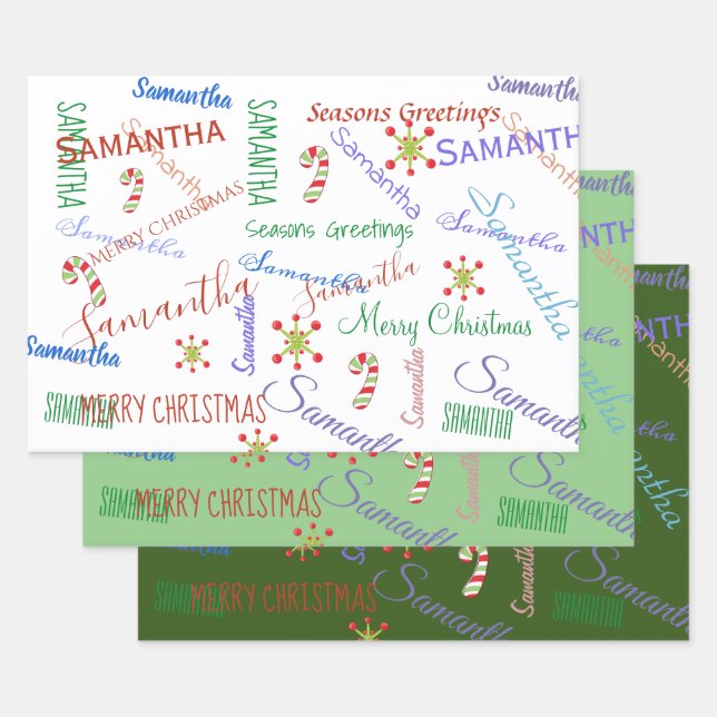 Personalised Name Custom Holiday Christmas Greens Wrapping Paper Sheet (Set)