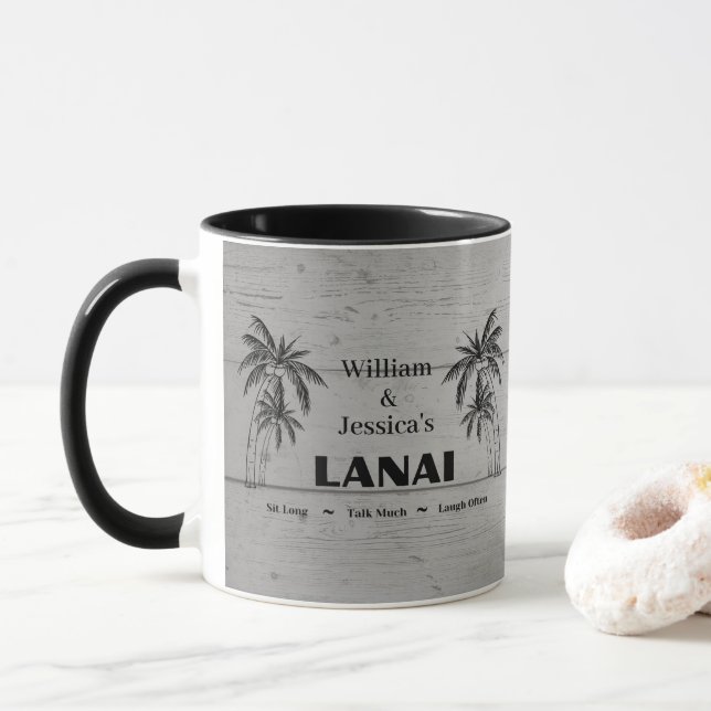 Personalised Name Custom Lanai Tropical Palm Trees Mug (With Donut)