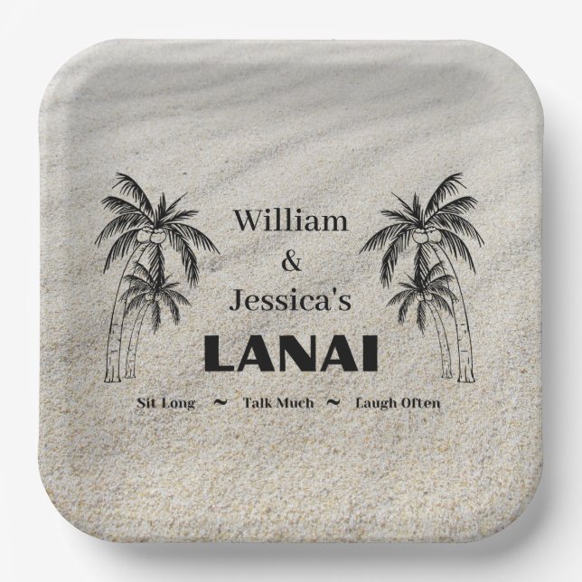 Personalised Name Custom Lanai Tropical Palm Trees Paper Plate (Front)