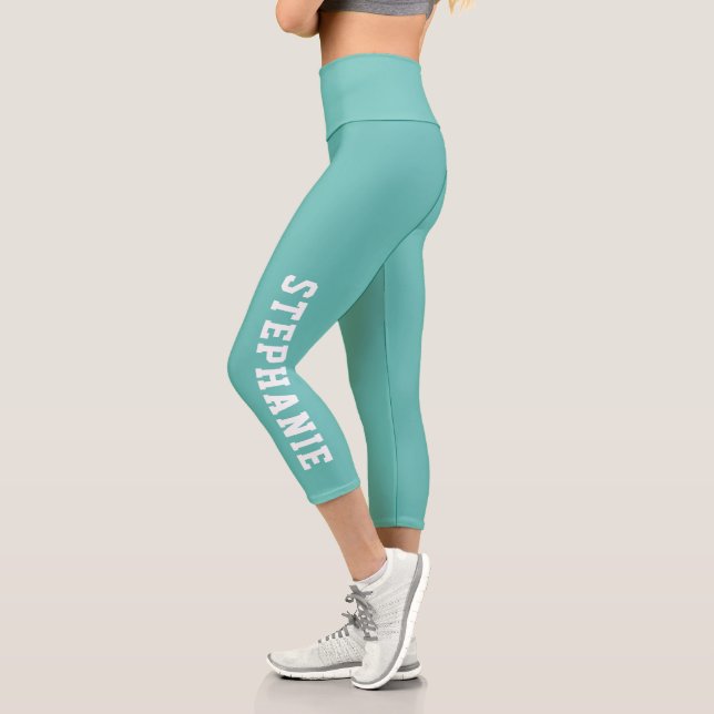 Personalised Name Custom Teal Capri Leggings (Left)