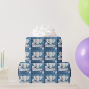 Personalised Name Cute Baby Boy Elephant Blue Wood Wrapping Paper