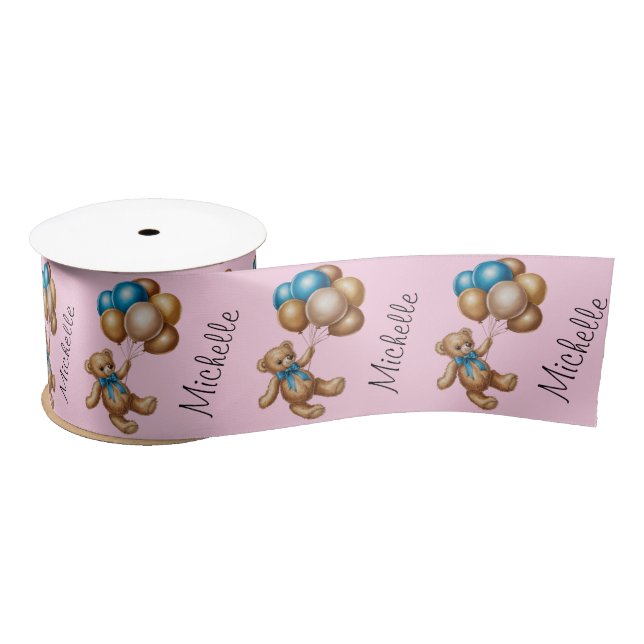 Personalised Name Cute Bear Gold Blue Balloons     Satin Ribbon (Spool)