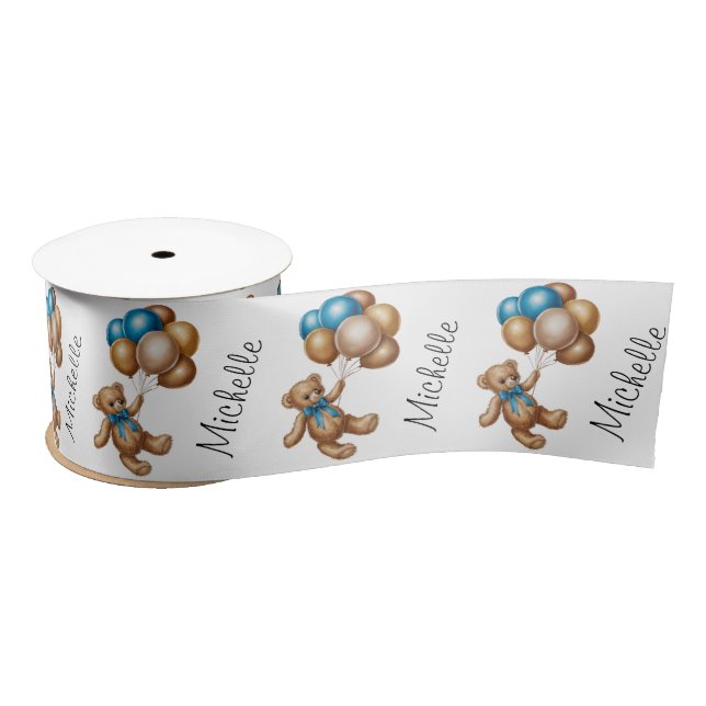 Personalised Name Cute Bear Gold Blue Balloons     Satin Ribbon (Spool)