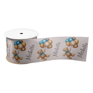 Personalised Name Cute Bear Gold Blue Balloons     Satin Ribbon
