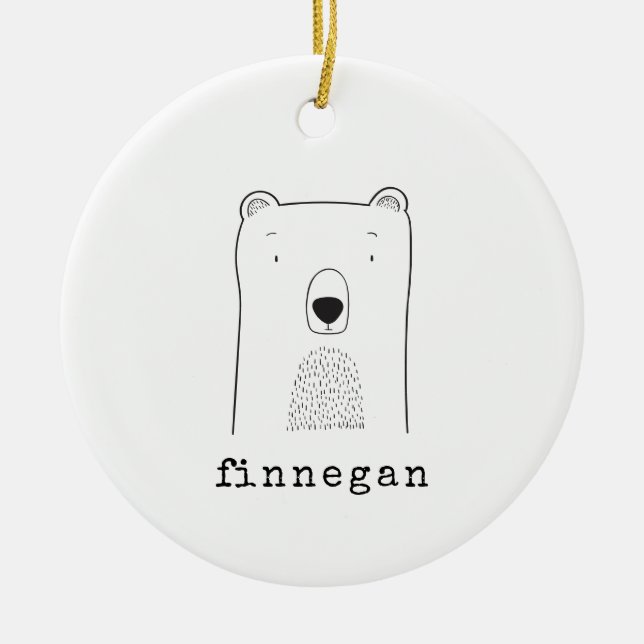 Personalised Name Cute Bear Line Art Christmas Ceramic Tree Decoration (Front)