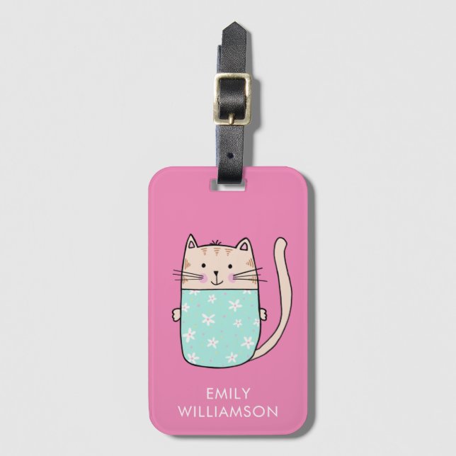 Personalised name cute cat illustration luggage tag (Front Vertical)