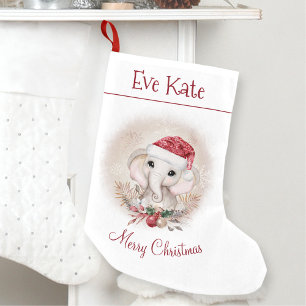 Personalised Name Cute Elephant Girl Red White Small Christmas Stocking