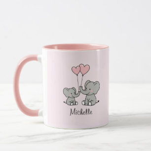 Personalised name Cute Elephant Mum & Baby Pink Mug
