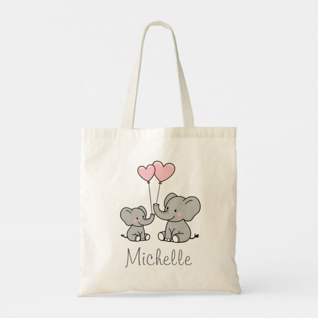 Personalised name Cute Elephant Mum & Baby Pink    Tote Bag (Back)