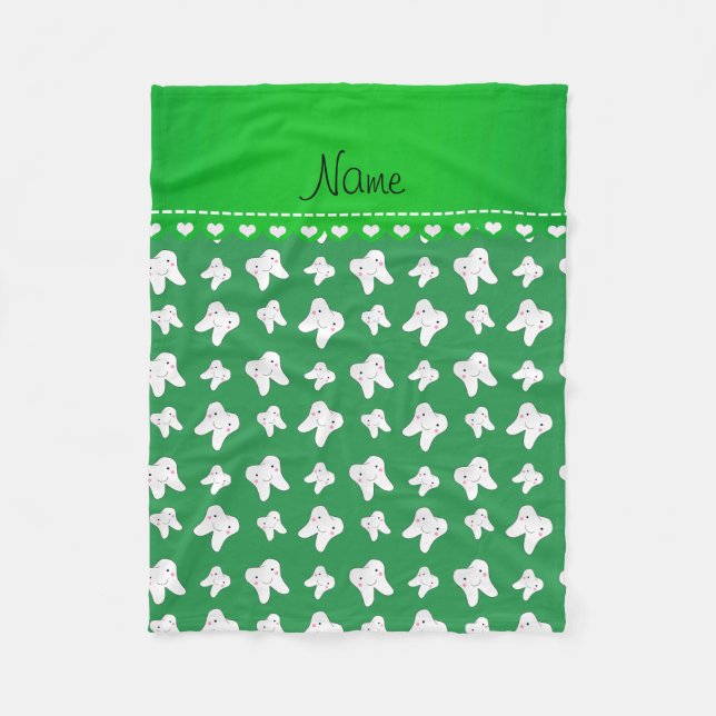 Personalised name cute green tooth pattern fleece blanket (Front)