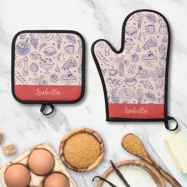 Personalised Name Cute Hand Drawn Food Oven Mitt & Pot Holder Set (In situ)