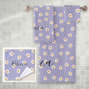 Personalised Name Cute Modern Daisy Pattern Purple Bath Towel Set