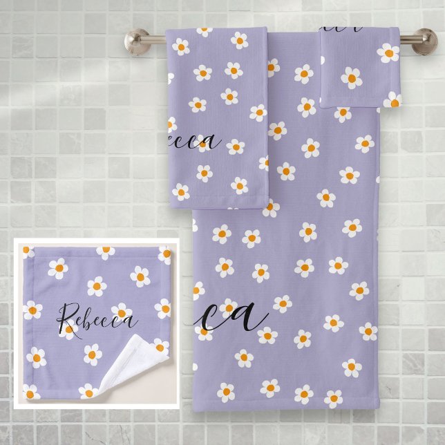 Personalised Name Cute Modern Daisy Pattern Purple Bath Towel Set (Personalized Name Cute Modern Daisy Pattern Purple Bath Towel Set)