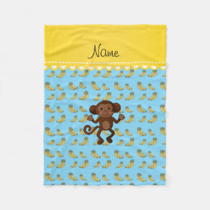Personalised name cute monkey blue yellow bananas fleece blanket