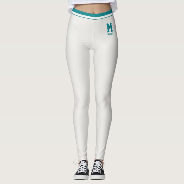 Personalised Name Cute Neutral Teal Striped Custom Leggings (Front)