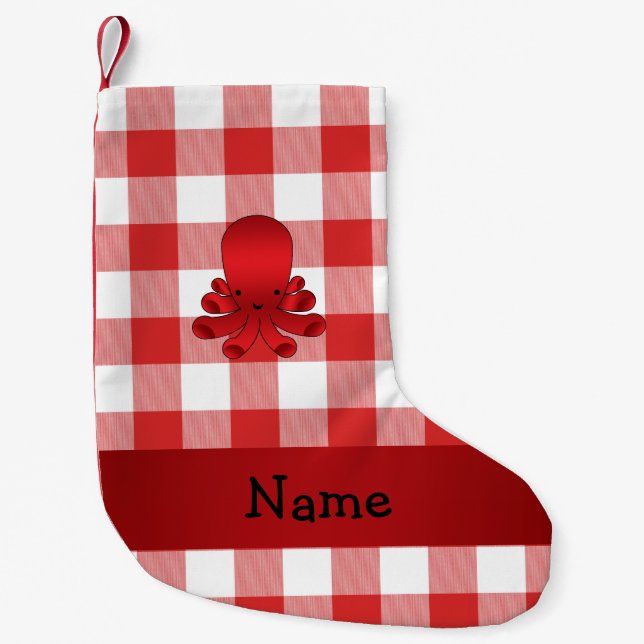 Personalised name cute octopus red checkers small christmas stocking (Front)