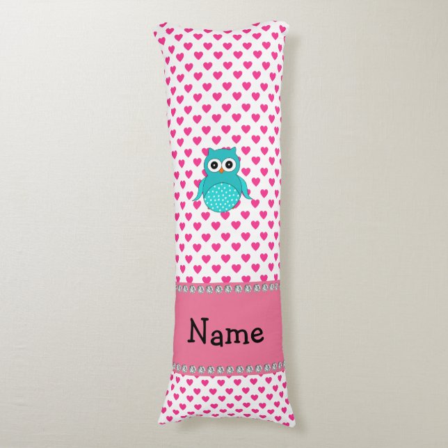 Personalised name cute owl pink hearts body cushion (Front Vertical)