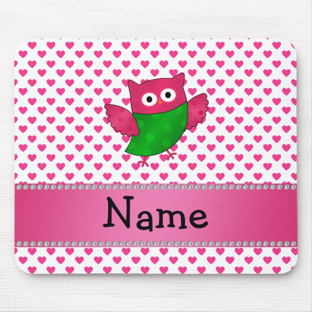 Personalised name cute owl pink hearts mouse mat (Front)