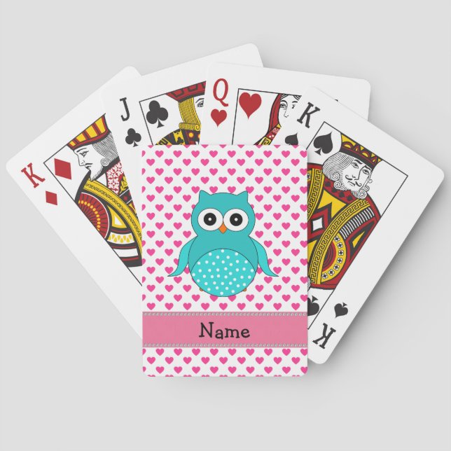 Personalised name cute owl pink hearts playing cards (Back)