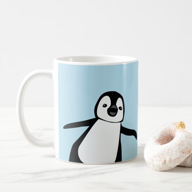 Personalised Name Cute Peeking Penguin blue Coffee Mug (With Donut)